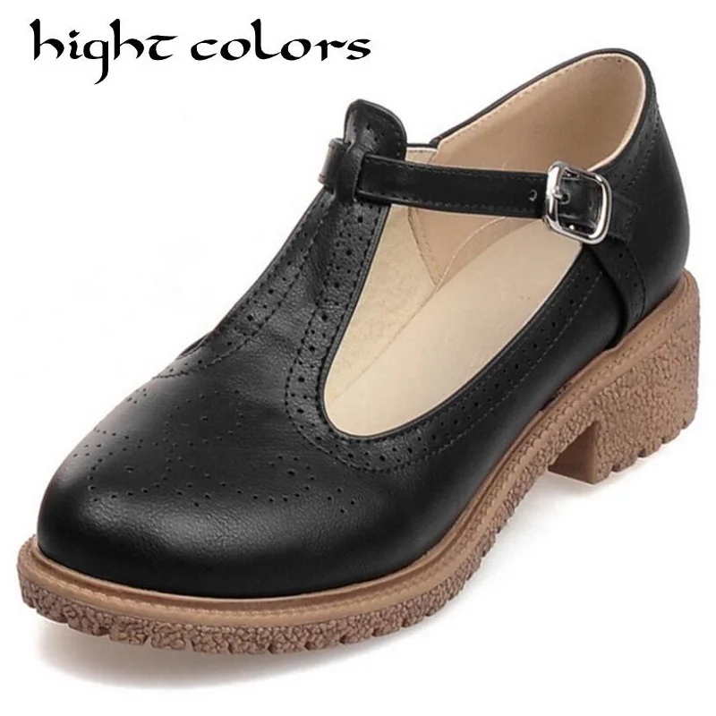 

2018 Fashion Vintage Carved Flat Heel Round Toe Flat-Bottomed Shoes Woman T Strap Preppy Style Sweet Oxford Women's Shoes
