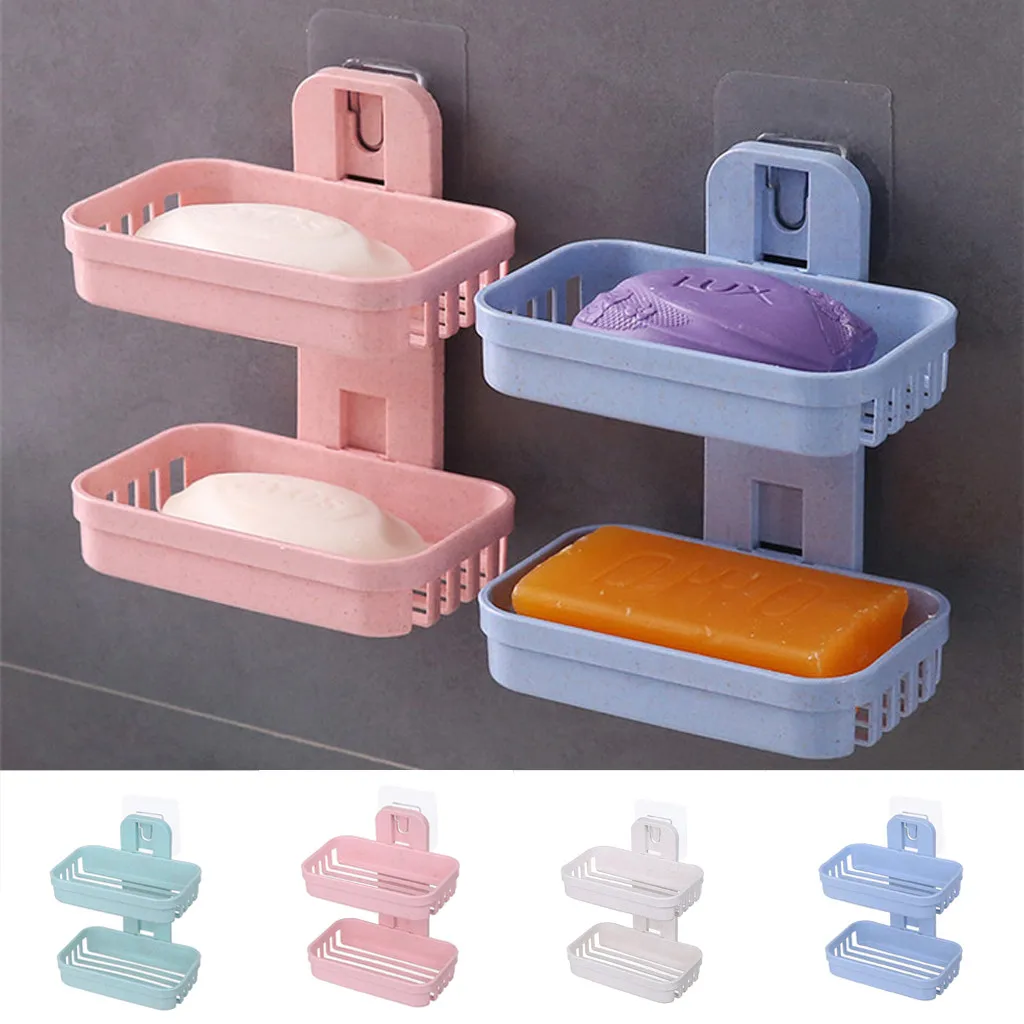 

Kitchen Bathroom Organizer Shower Wall Shelf Soap Box Dish Storage Box Plate Tray Holder Double Case Soap Home Decor
