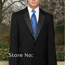 Лучшие продажи изготовленный на заказ высококачественный черный Жених мужские костюмы для смокингов с синим жилетом, на заказ черный смокинг, отворотный мужской костюм