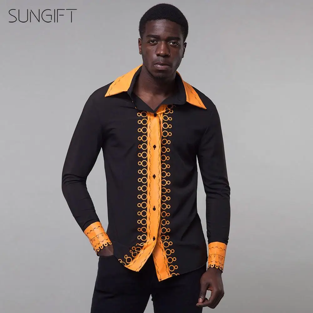 SUNGIFT African Male Long Sleeve Top Dashiki Ethnic Print Lapel Collar Button 2019 New Fashion Black Shirt Africa | Тематическая