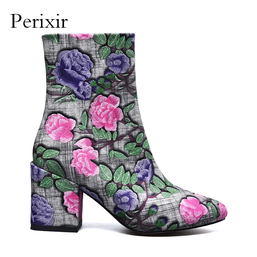 

Perixir ankle boots for shoes women embroider fabric fashion pointed toe 8cm high heels flower laides boots 35-41
