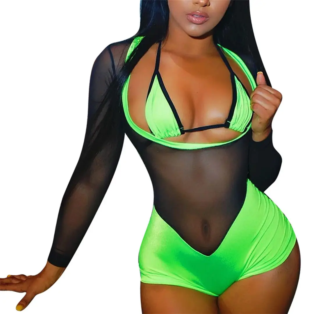 Сексуальный цельный купальный костюм Женская одежда для плавания женский сетчатый прозрачный купальный костюм с длинными рукавами купальный костюм монокини Y1598