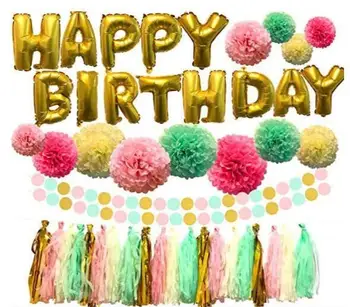 

birthday party decor, happy birthday balloons, paper pom poms, tassel garland and circle dot paper garland for birthday party
