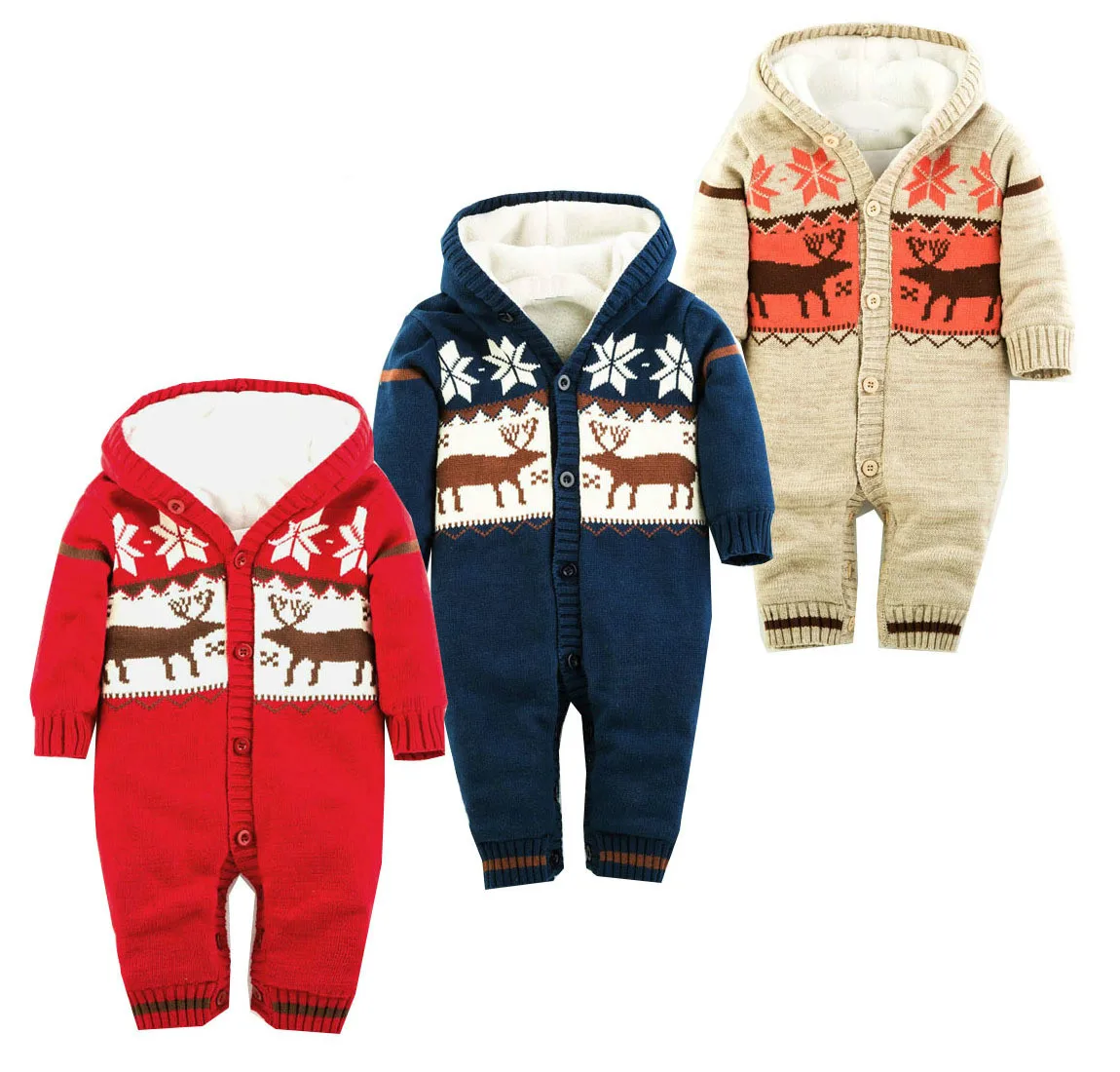 

Unisex Boys Girls Winter Autumn Hooded Romper Long Sleeve Christmas Reindeer Pattern Warm Thicken Knit Fleece Jumpsuit Sweaters