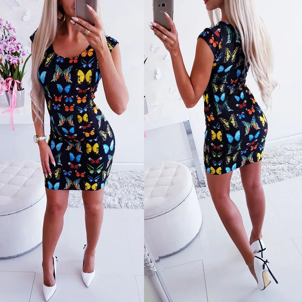 New Arrival 2019 Summer Dresses Sexy Slim Bodycon Pencil Mini Party Dresses Women Short Sleeve Letter Butterfly 3D Printed Dress