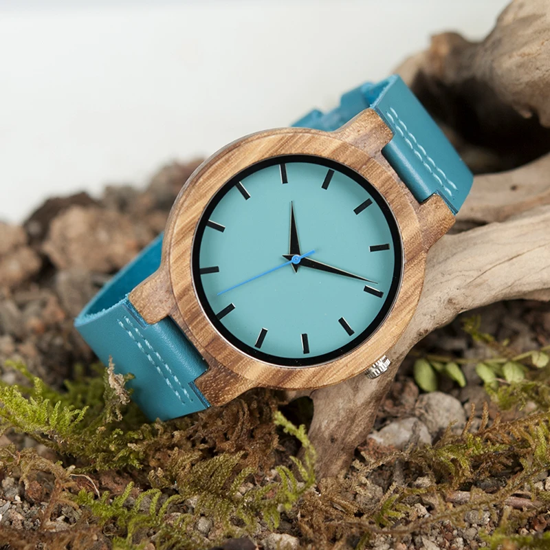 BOBO BIRD Lovers Watch Men Elegant Turquoise Blue Leather Watches Women Stylish Quartz Wristwratch reloj mujer C-C28