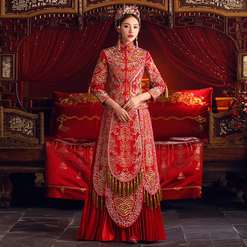 Китайский Красный Длинные Вышивка Феникс Qipao древних свадебное для невесты торжественное платье-Чонсам изысканное платье подарок для
