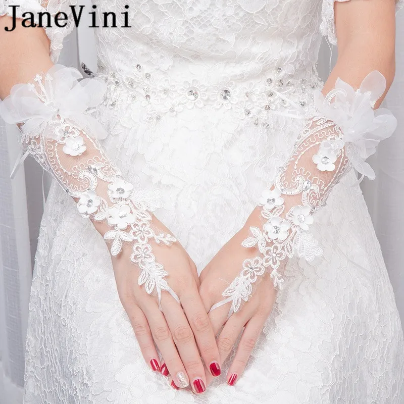 JaneVini 2018 White Bridal Lace Aplique Wedding Glove Beaded Flowers Fingerless Bride Gloves for Wedding Hochzeit Handschuh janevini artificial yellow sunflower wedding bridal bouquets silk roses green bride flowers bouquet de fleurs artificielles 2020