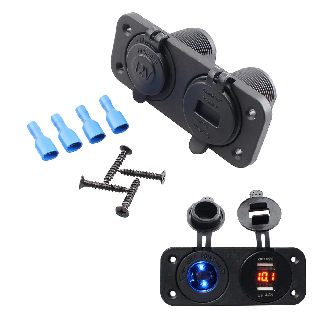 

Dual USB Charger 12V-24V Cigarette Lighter Socket Splitter Power Adapter Outlet Panel + Screws + Waterproof Insulated Terminals