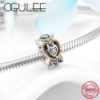 

Fit Original Pandora Charm Bracelet Bead Round shape Gold Heart to heart 925 Sterling Silver spacer beads for Jewelry making