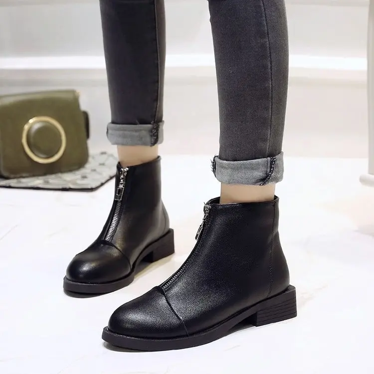 

2019 New Women Zip Autumn Ankle Boots Ladies Classic Comfort Thick Middle Heels Female Fashion Flock Black Martin Shoeshjm9