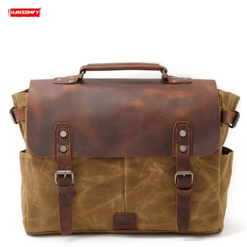 Retro Men Bag Laptop Shoulder Messenger Slung Handbag Computer Official Knight Motorcycle Canvas Crazy Horse Leather |