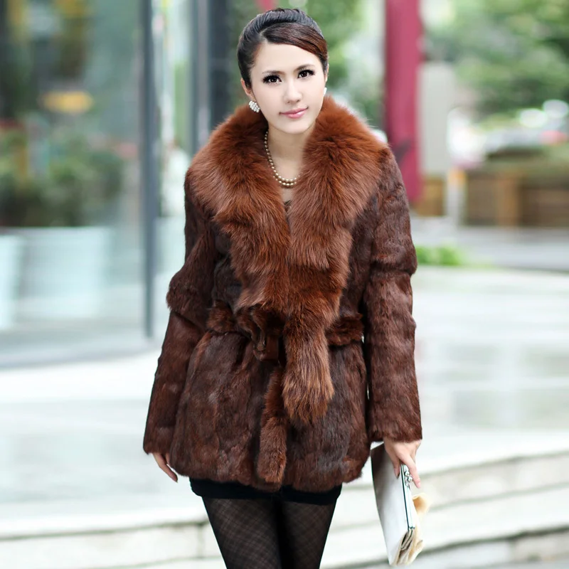 TopFurMall зимняя женская мода из натурального меха кролика пальто с лисьим меховым воротником Женская теплая верхняя одежда пальто VK0045