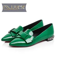 MLJUESE/ г. женская обувь на плоской подошве, из натуральной кожи, без застежки, зеленого цвета, с острым носком, с бантом, удобная весенняя обувь женская обувь, размер 34-39