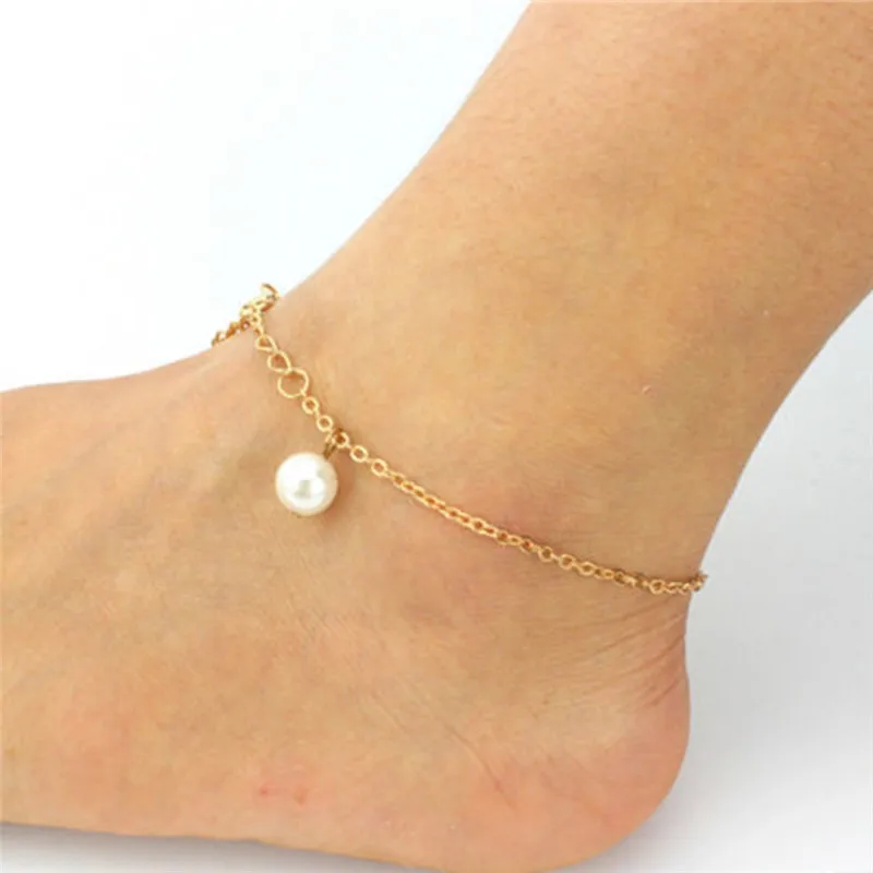 1 Pc Imitation Pearl Bead Gold Color Ankle Chain Anklet Bracelet Sexy Women Sandal Beach Foot