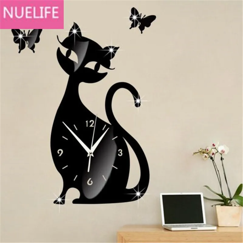  40x35cm cute cartoon cat design mirror clock wall stickers kids bedroom bedroom living room silent  - 32879008248
