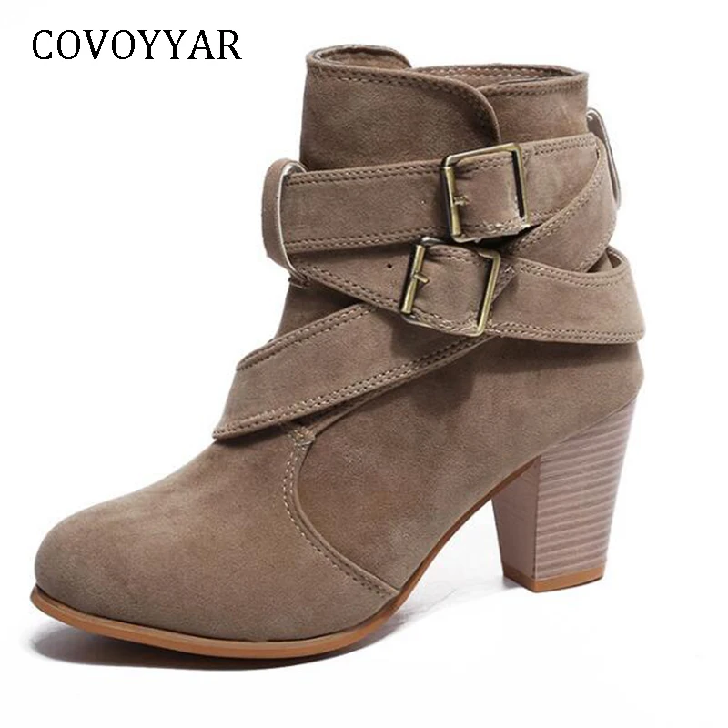 

COVOYYAR 2019 Block Heel Ankle Boots Women Double Buckle Motorcycle Booties Cross Tied Flock Women Shoes Size 35-42 WBS953