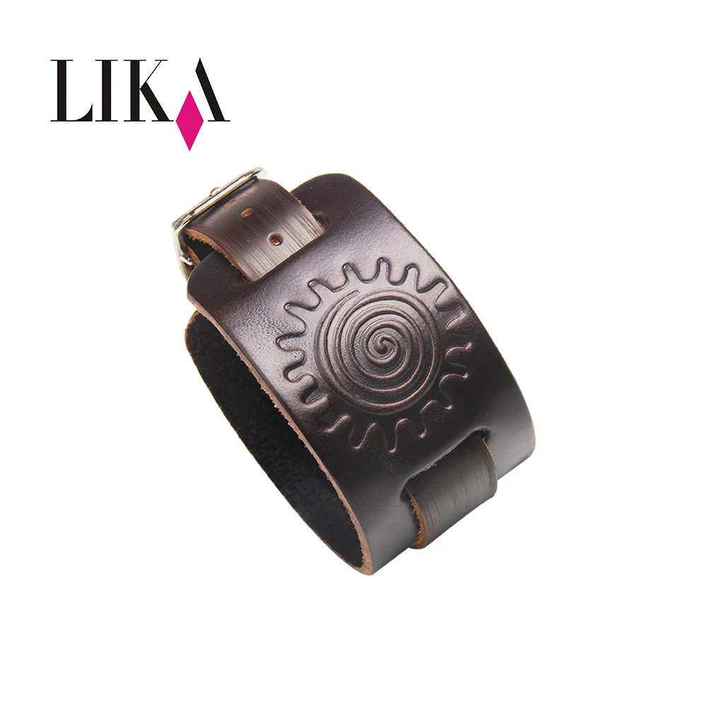 

LIKA Punk Genuine Leather Bracelet Men Vintage Wide Cuff Bangles Adjustable Buckle Wristband Male Jewelry Black & Brown Bracelet
