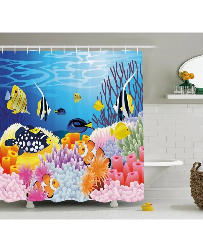 Ocean Life Shower Curtain Fish Coral Reefs Print For BathroomWaterproof
