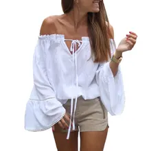 Off Shoulder Female Blouses Sexy Slash Neck Ruffles Women Tops Tees White Shirts Blusas Feminina
