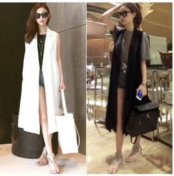 

Womens Long Vest Sleeveless Coat Slim Fit Lapel Collar Outwear European Style Women Vests Black White