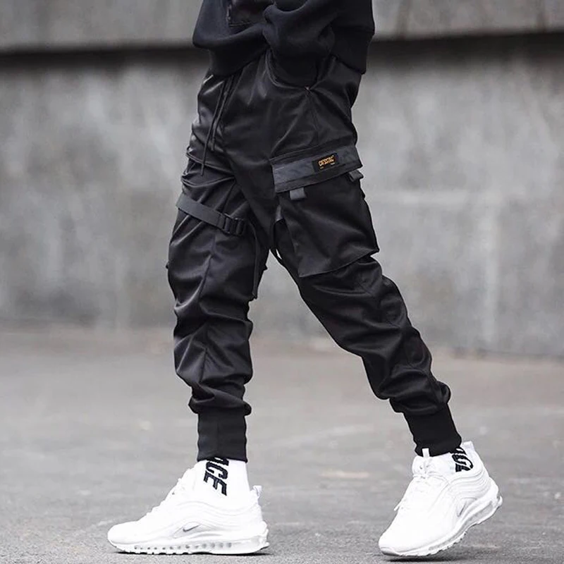 Men Fashion Casual Harem Joggers Harajuku Sweatpant Hip Hop Trousers Men Ribbons Color Block Black Pocket Cargo Pants