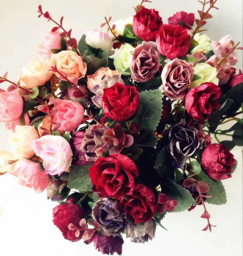 

One 32cm/12.6" Length 7 stems 21pcs Flower Heads Artificial Rose Camellia Wedding Home Decorative Flowers Bouquets