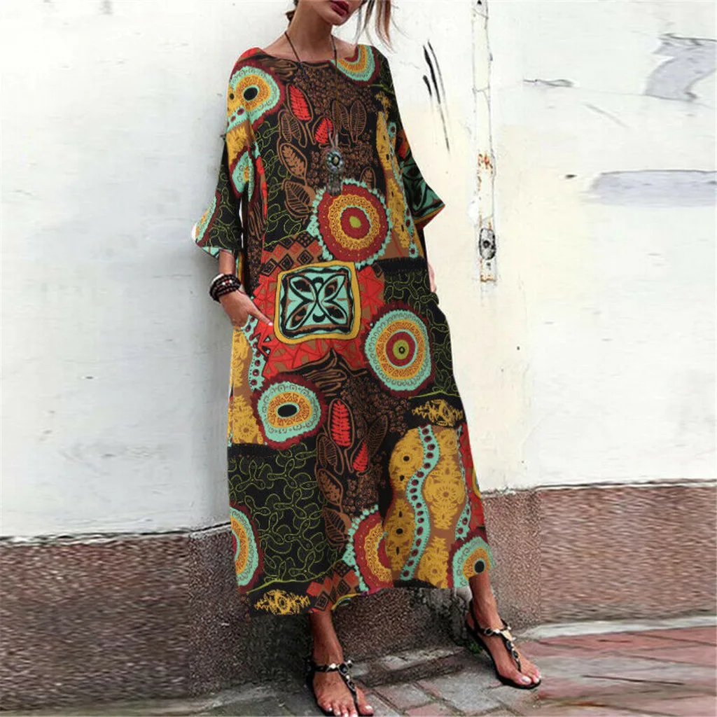 Большие размеры Макси платье летнее женское богемное Хлопок Лен с рисунком свободные карманы Макси длинное платье женское винтажное платье Vestidos