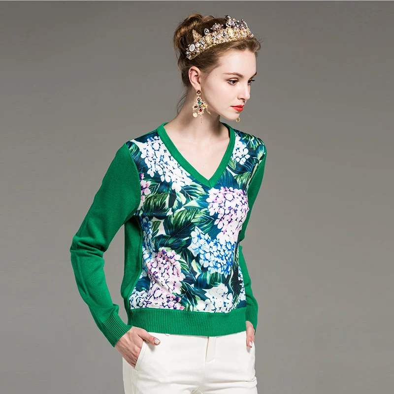Patchwork Laine Mode Femmes Hortensia Tops Imprimé Designer Chandail Élégant Qualité Piste Fleur V Neck Casual De Haute 54jLqScR3A