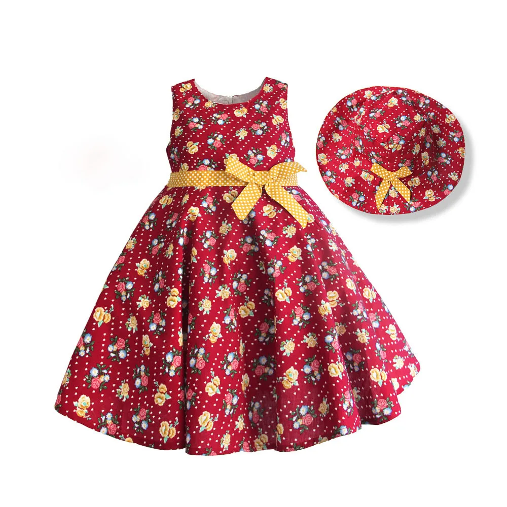 Hetiso/летние платья для девочек с шапкой, детская одежда с цветочным принтом и розами Милая Одежда с бантом для малышей, robe fille enfant, размеры от 3 до 7 лет