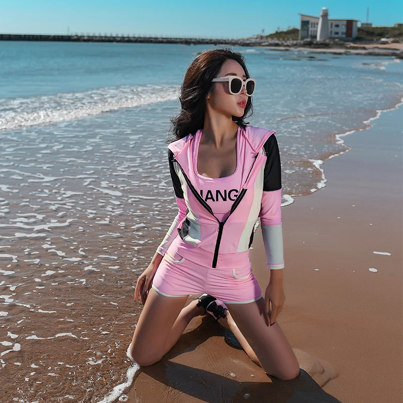 Рифма Леди с длинным рукавом Rash Guard Три пьесы Новый розовый цвет купальники