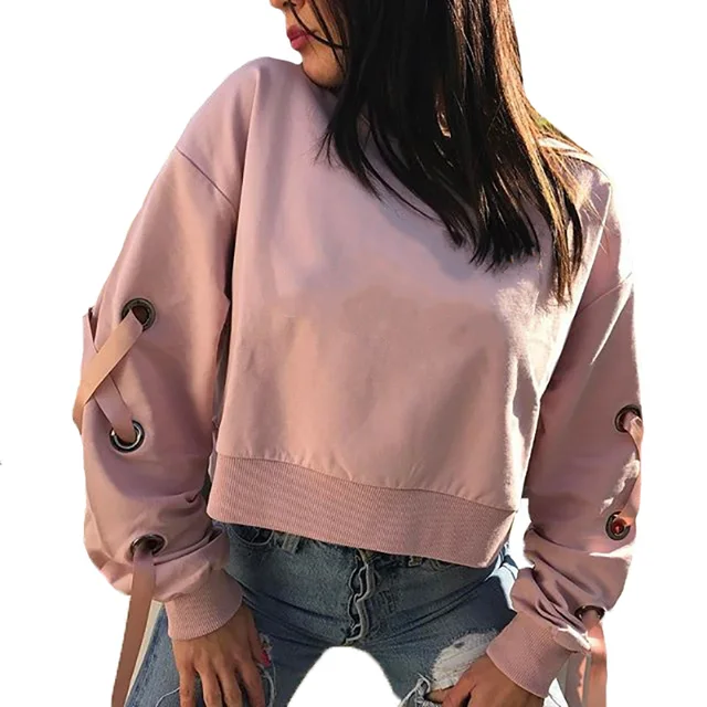 Lace Up Pink Hoodie 2018 New Womens Autumn Long Sleeve