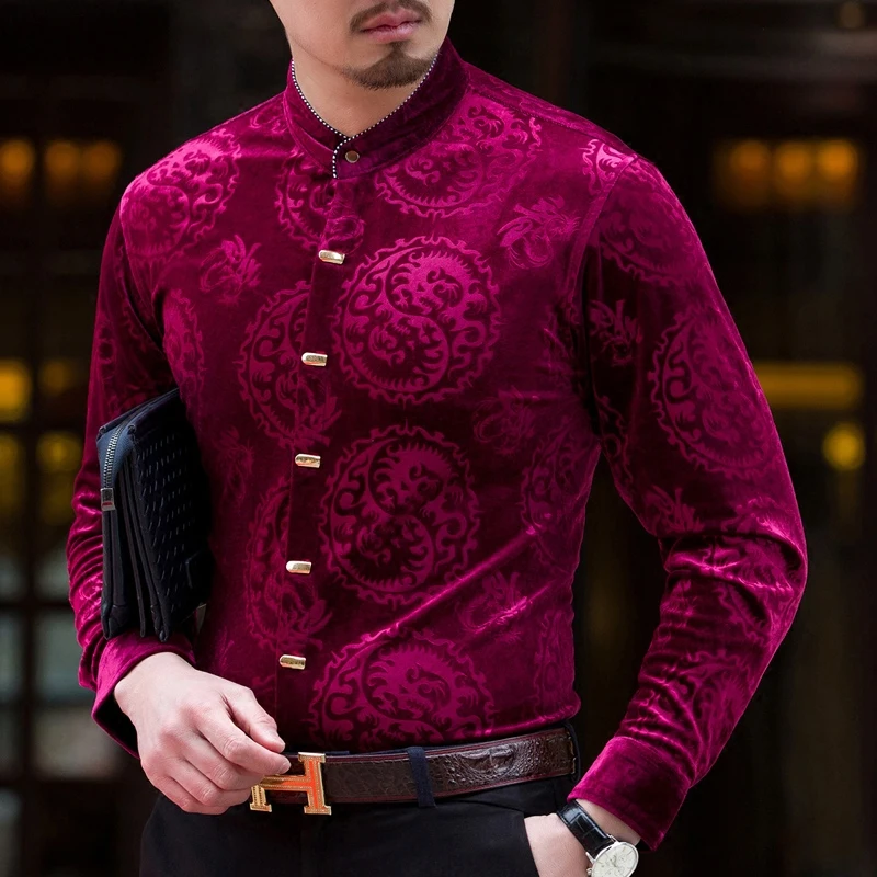 Мужская рубашка с длинным рукавом принтом дракона|velvet men shirt|fashion man shirtmen fashion shirt |