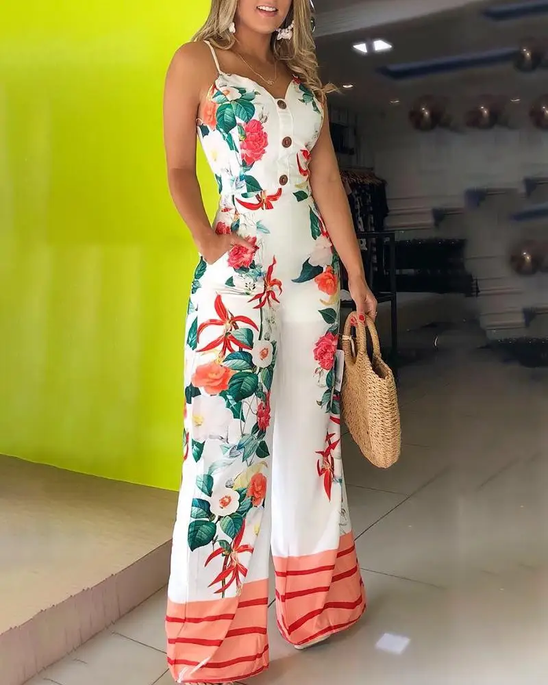 Floral Print Summer Office Jumpsuits Women Buttons Design Sexy Long Jumpsuit Rompers Wide Leg Long Pants Overalls