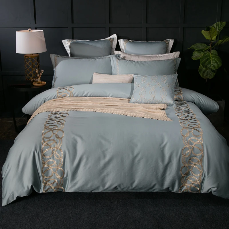 Royal gray and pink embroidery bedding sets 4/6pcs bed linen duvet