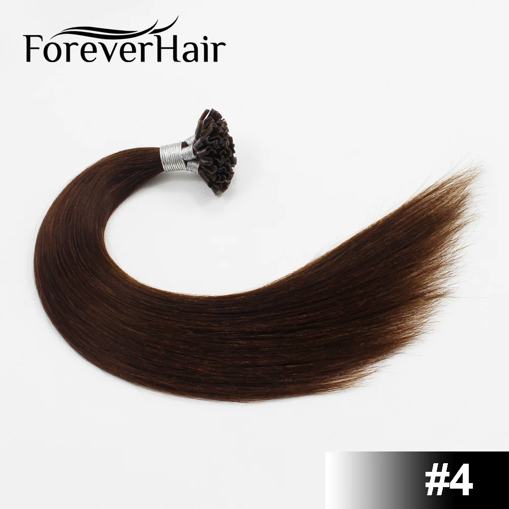 FOREVER HAIR 0,8 г/локон 1" Remy Nail U Tip Prebond Кератин клей человеческие волосы для наращивания темно-коричневый#2 50 прядей прямой Fusion - Цвет: #4