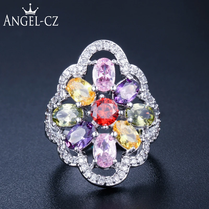 

ANGELCZ High Quality Multi Shape Colorful Cubic Zirconia Stone Statement Ladies Flower Party Ring For Women Finger Jewelry AR049
