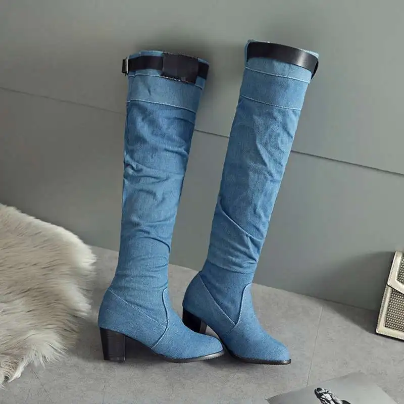 ANOVISHANA/Большие размеры 45, 46, весенне-зимние ботинки из джинсовой ткани сапоги до колена без шнуровки женские ковбойские джинсы ботинки на не сужающемся книзу массивном каблуке, botas mujer - Цвет: Blue   fur