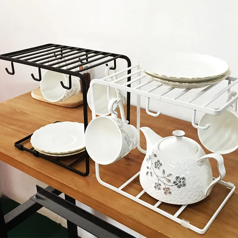 

2 Tier Tea Coffee Cup Holder Home Kitchen Multifunctional Mug Dish Drying Storage Rack with 6 Hooks