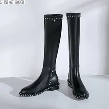 Женские сапоги до колена из натуральной кожи на низком каблуке; черные сапоги до бедра с круглым носком; коллекция года; сезон осень-зима; botas; женская обувь