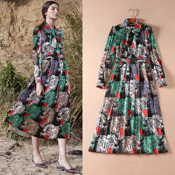 

New fashion tiger printed pleated posed dress long sleeve cultivate morality new female in the fall
