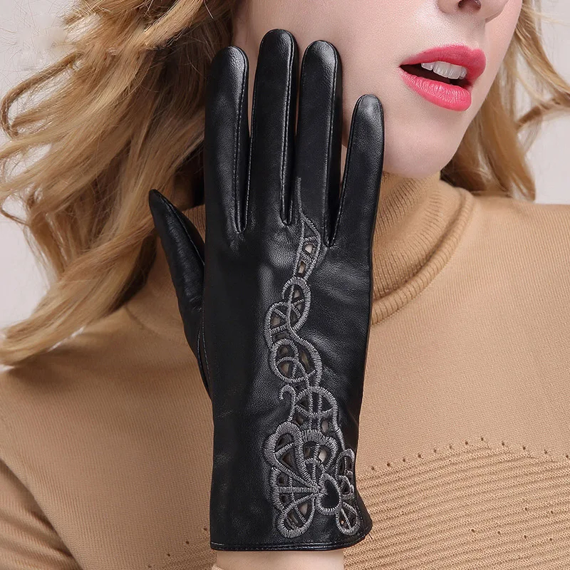 Leather Gloves Female Touchscreen Genuine Leather Gloves Five Fingers Sheepskin Women's Thin Mittens Openwork Embroidery MLZ091