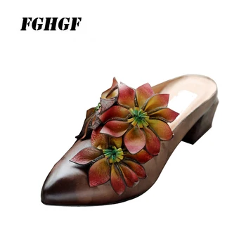

FGHGF Square Heel Ladies Slippers Gemstone Flower Decoration Cow Leather Summer Modern Comfortable Med Ladies Slippers