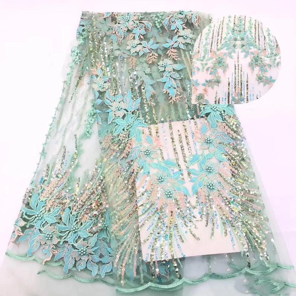

French lace fabric 5yds/pce flower leaf pattern sequins beaded colorful mesh fabrics women gorgeous luxury bright dress 2019 new