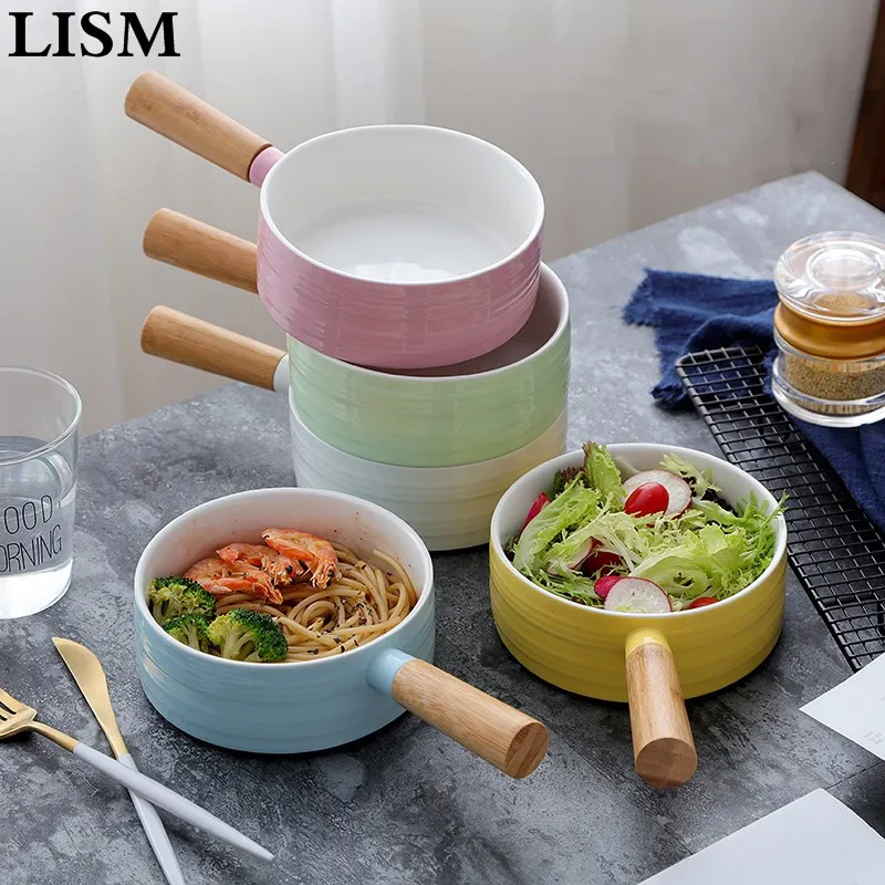 

1PCS creative fruit salad bowl bamboo handle western dessert bowl breakfast snack pasta bowl ceramic tableware