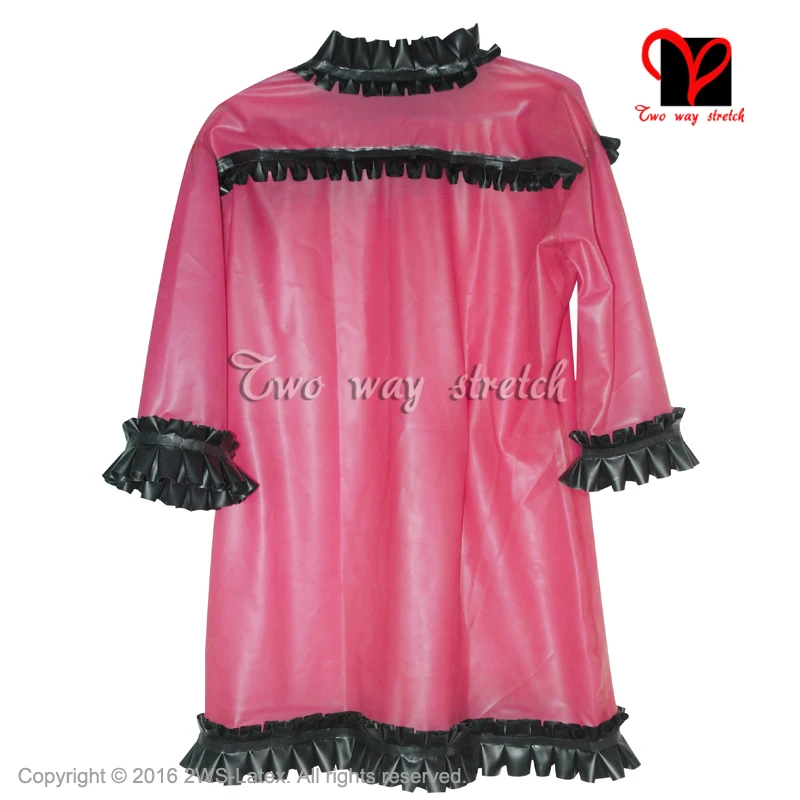 Сексуальная прозрачная коричневая с черными оборками латексная Блузка Половина рукава резиновая форменная Пижама Gummi одежда QZ-099