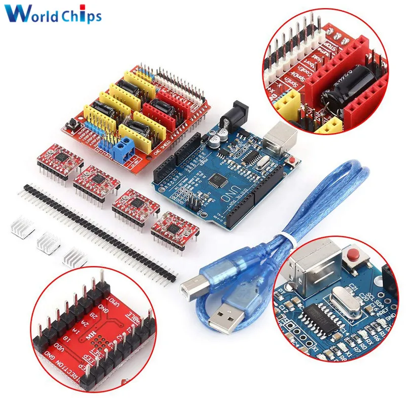 CNC Shield V3 гравировальный станок 3d модуль принтера+ 4 шт. A4988/DRV8825 Плата расширения драйвера для Arduino UNO R3 с USB кабелем