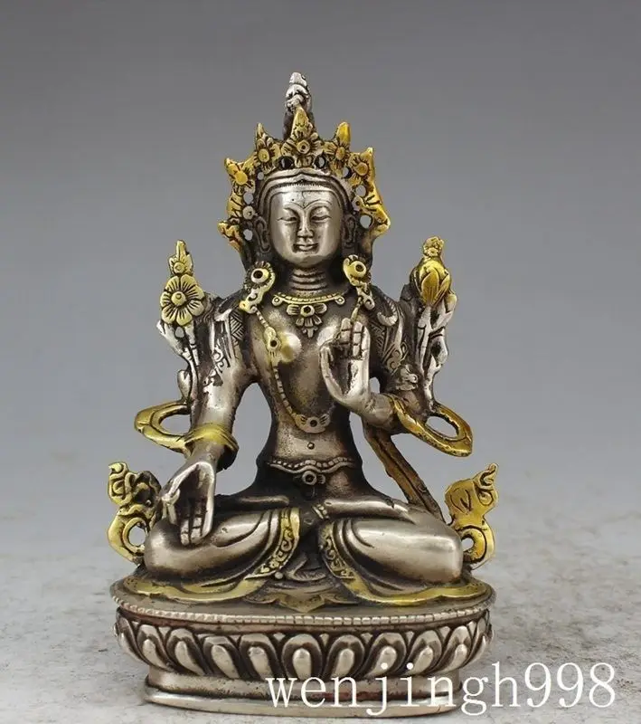 

Crafts statue Chinese Tibetan Buddhism silver copper white tara Kwan-Yin Bodhisattva statue halloween