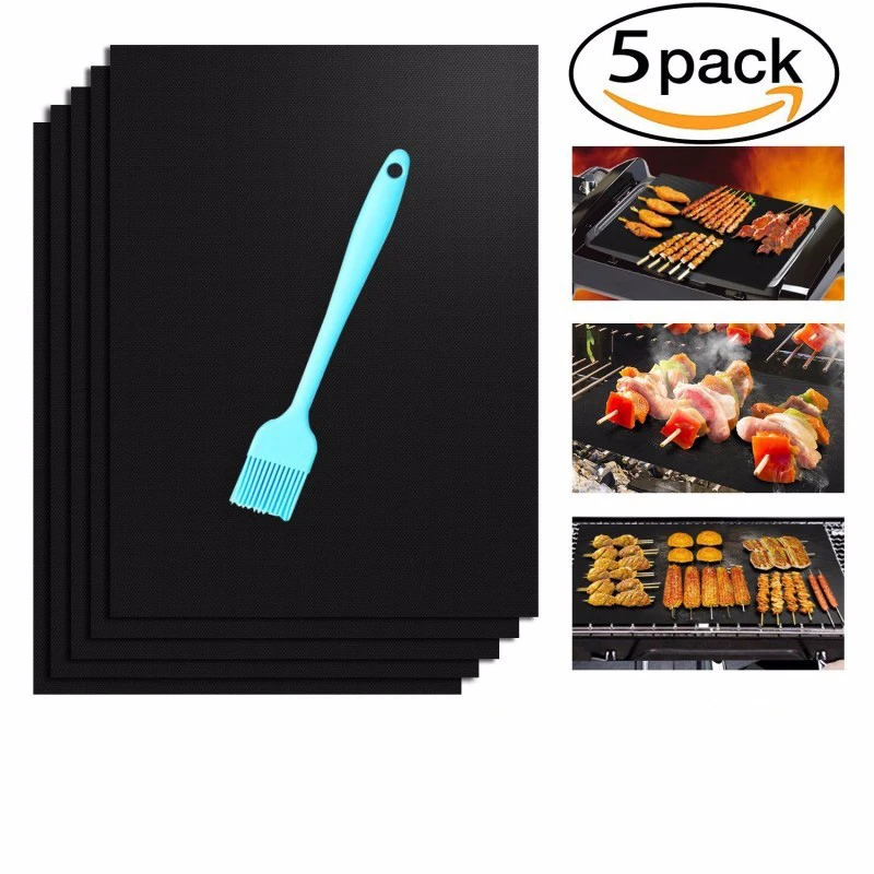 

5pcs Non-stick BBQ Grill Mat Barbecue Mats Baking Liners Reusable Teflon Cooking Sheets Baking Mat BBQ Pad with Basting Brush
