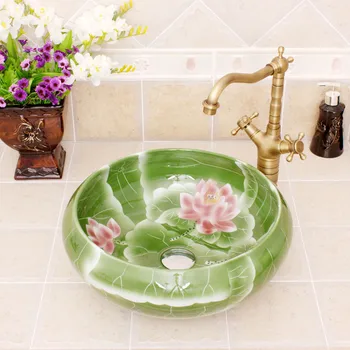 

Round China Painting Ceramic Painting Art Lavabo Bathroom Blue porcelain vessel sinks lotus handmade green